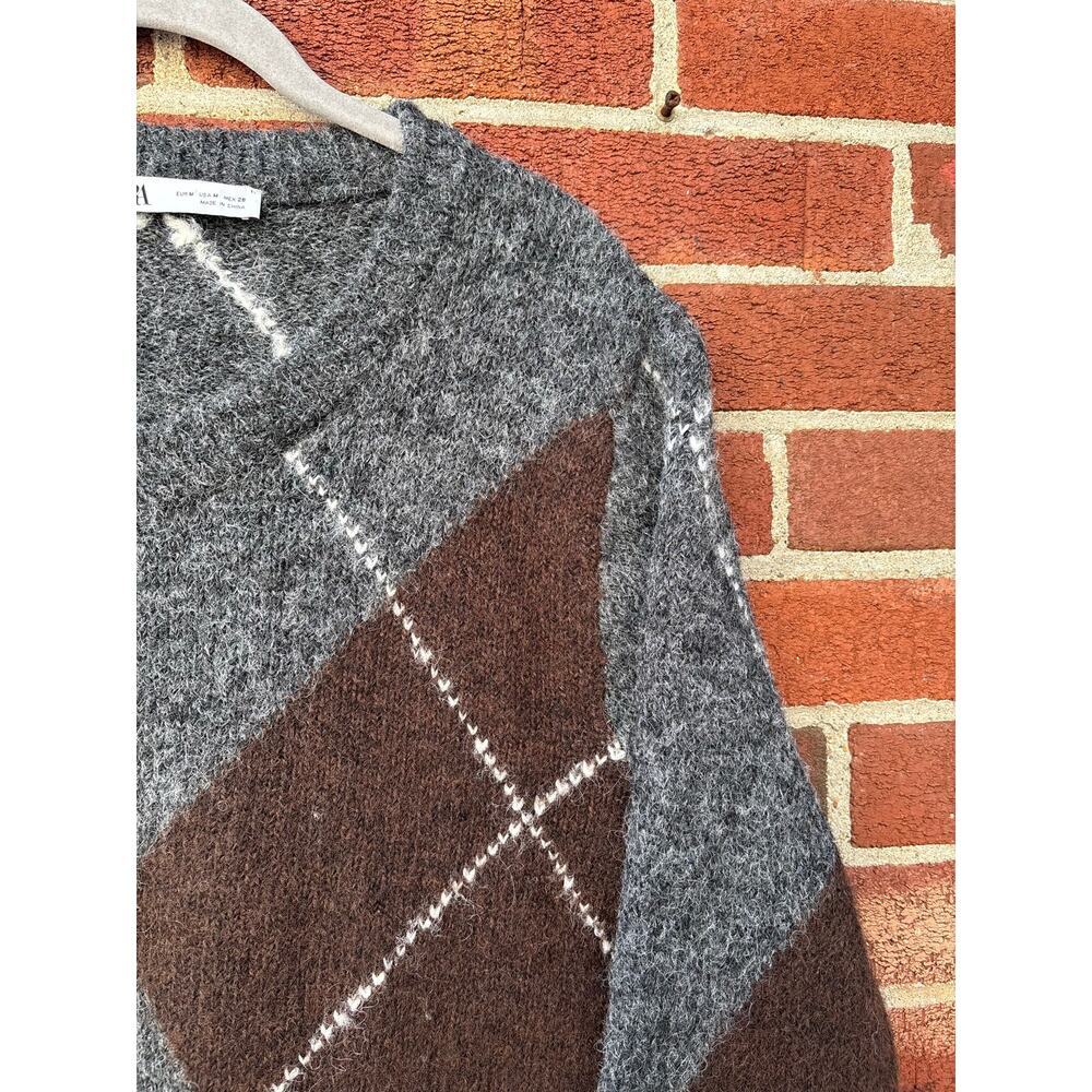 Zara Argyle Knit Sweater Gray Brown Diamond Pattern Soft Fuzzy Womens M - Picture 7 of 8